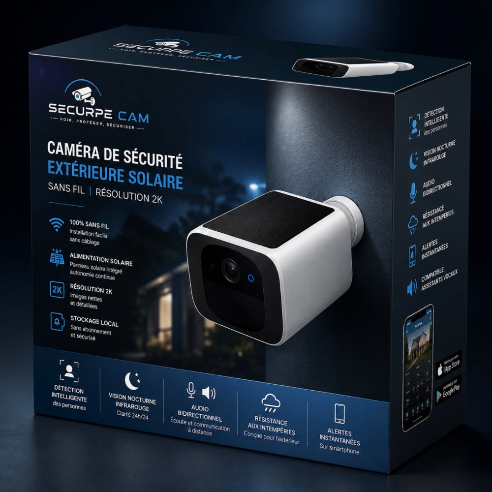 Caméra de Sécurité Extérieure Solaire – Résolution 2K | Sans Fil | Alimentation Solaire Continue