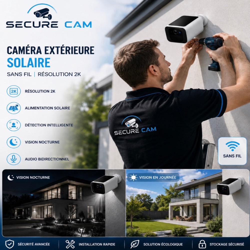 Caméra de Sécurité Extérieure Solaire – Résolution 2K | Sans Fil | Alimentation Solaire Continue