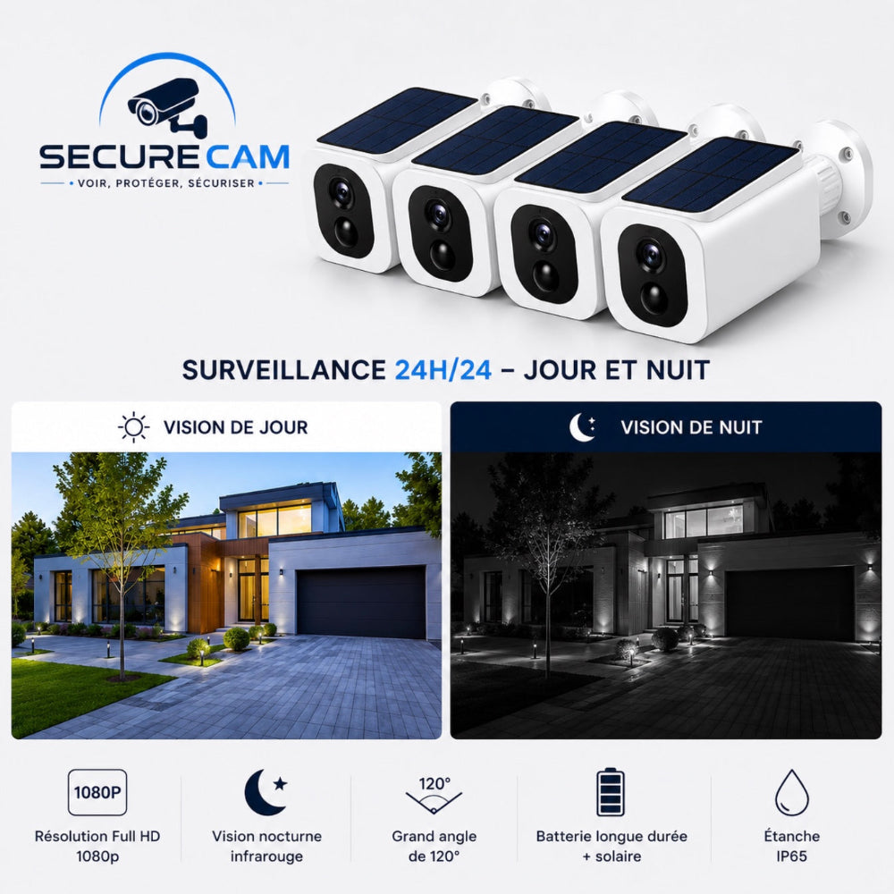 Kit de 4 Caméras de Surveillance Solaires 2K WiFi Extérieures